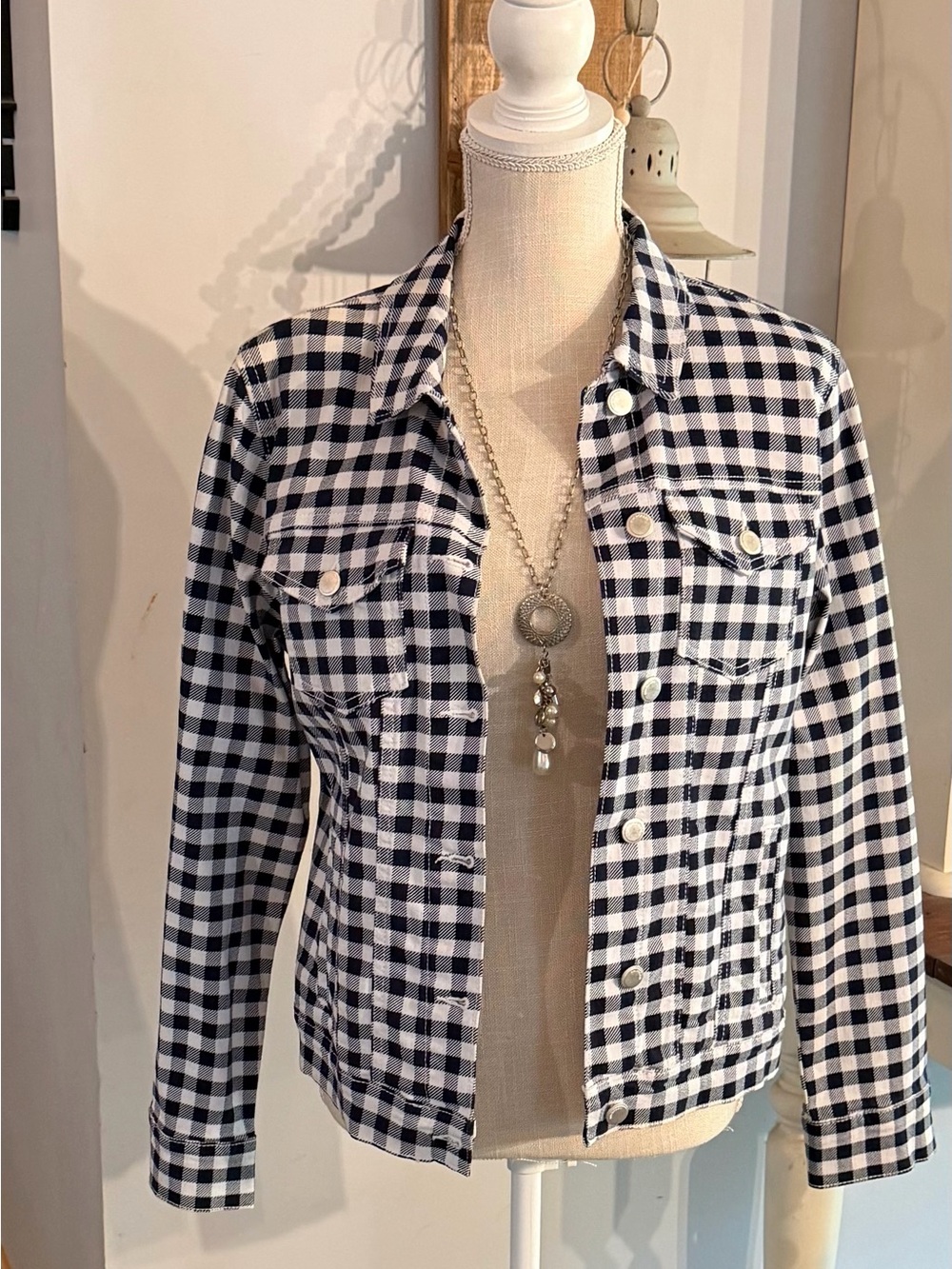 Classic Navy and White Gingham Button-Front Jacket